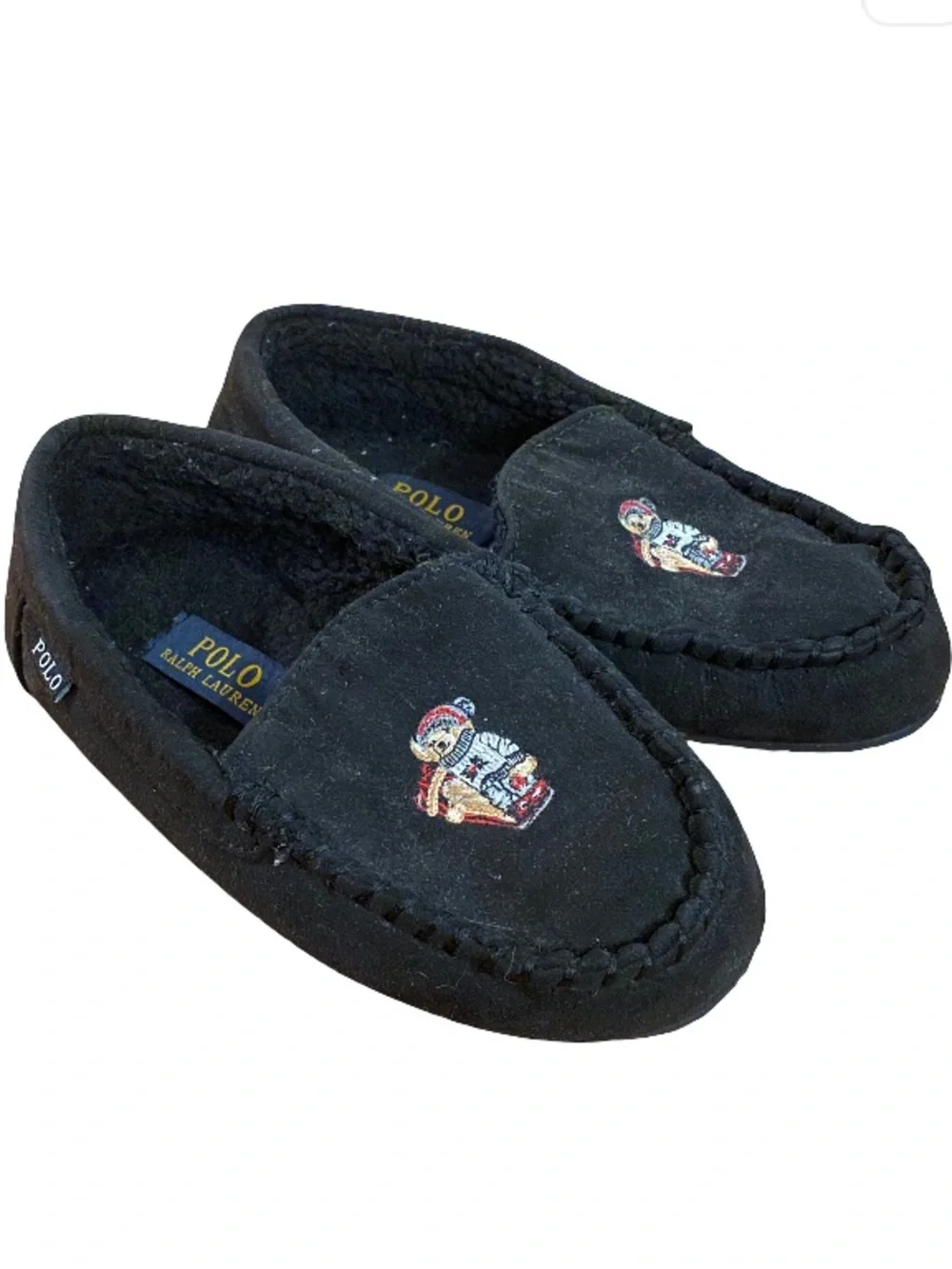 Polo Ralph Lauren kids’ skiing bear black embellished moccasin slippers size 4